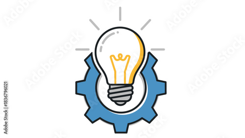 Bright idea concept with light bulb on a gear, symbolizing innovation, creative thinking, engineering, and solution development.