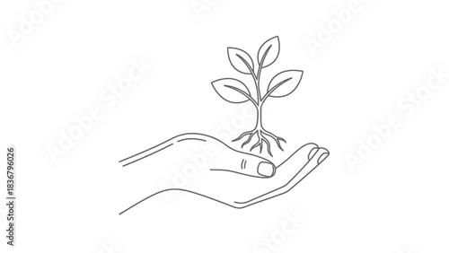Minimalist line art illustration of a human hand gently cradling a small plant with visible roots, symbolizing growth, nature, and sustainability.