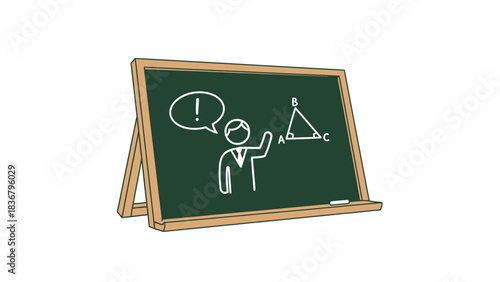 Educational chalkboard illustration with teacher figure explaining geometry lesson, triangle, and speech bubble with exclamation mark.