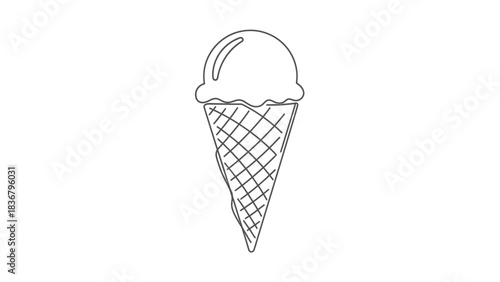 Simple line art illustration of a delicious ice cream cone with a single scoop, a sweet dessert perfect for summer treats.