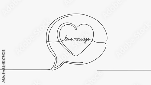 Continuous line drawing of a heart-shaped speech bubble with 'love message' text, minimalist romantic communication concept.