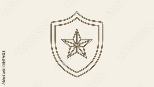 Outline shield icon with star. Graphic symbol representing security, protection, quality, award, achievement, and honor badge. Vector.