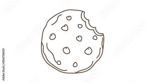 Hand drawn bitten chocolate chip cookie line art doodle illustration. Sweet baked dessert snack icon for web and graphic design.