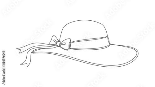 Elegant wide-brimmed sun hat with ribbon and bow line art illustration. Vintage summer fashion accessory vector drawing.