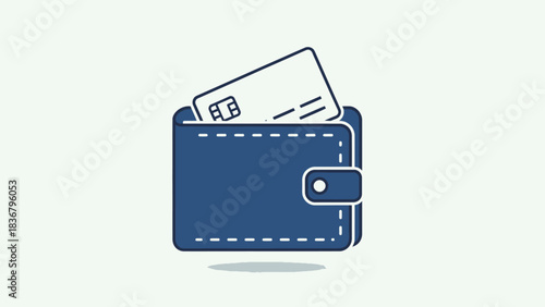Modern flat icon of a blue wallet containing a generic payment card, ideal for financial transactions, e-commerce, and money management