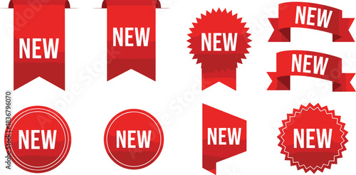Vector Collection of Eight Red "NEW" Tags and Ribbons in Diverse Shapes, Including Badges, Banners, and Starbursts, Ideal for Product Promotions, Sales, and E-commerce Design Elements
