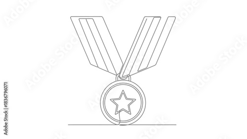 Continuous line art drawing of a winner's medal with a star and ribbon, symbolizing achievement, success, reward, and victory concept.