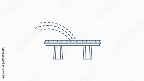 Stylized line art illustration of a bridge or viaduct with arcing dashed lines, representing movement, connection, and trajectory.