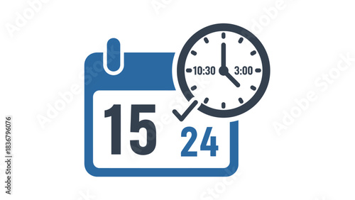 Calendar and clock icon for scheduling, appointment, time management, event planning, and deadline reminders.