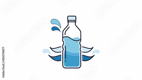 Stylized illustration of a clear plastic water bottle filled with refreshing pure water and splashes, representing hydration and health