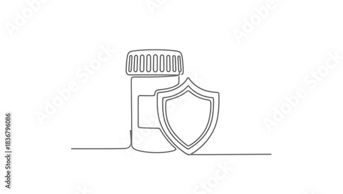 Continuous line drawing of a medicine bottle and shield icon, symbolizing health protection, drug safety, and medical care.