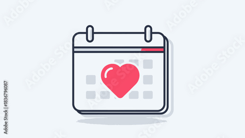 Calendar icon with a red heart marking a special date, love event, romantic anniversary, or important reminder