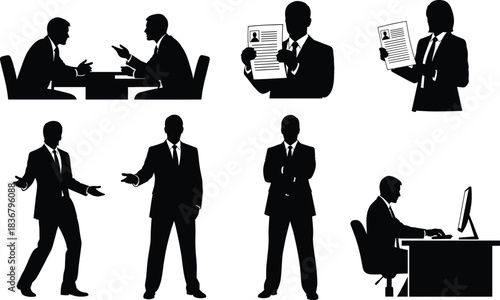 Business people silhouettes illustration showing interview, resume, teamwork, office work, discussion, management, recruitment, and professional corporate communication concept design.