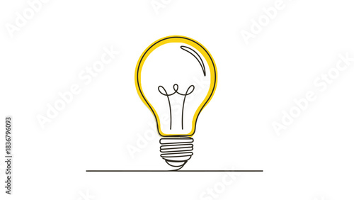 One line drawing of a yellow light bulb. Concept of new idea, innovation, creativity, solution, and inspiration.