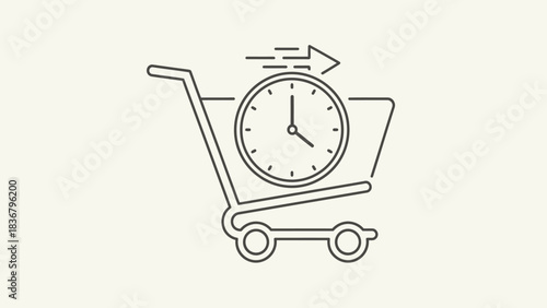 Line art icon of a shopping cart with a clock and speed arrow, symbolizing fast delivery, express shipping, and urgent online purchases.