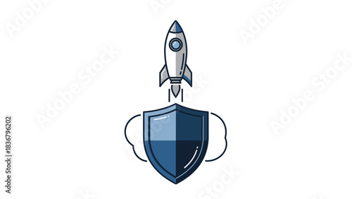 Secure Business Launch Icon: Rocket Taking Off Safely Behind a Protective Shield, Symbolizing Startup Growth, Innovation, and Security.
