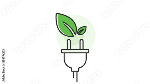 Eco-friendly power plug with green leaves, symbolizing sustainable energy and clean electricity. Environment graphic icon.