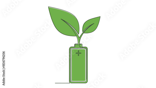Green energy concept with a growing plant and battery symbol, representing sustainable power and eco-friendly technology.