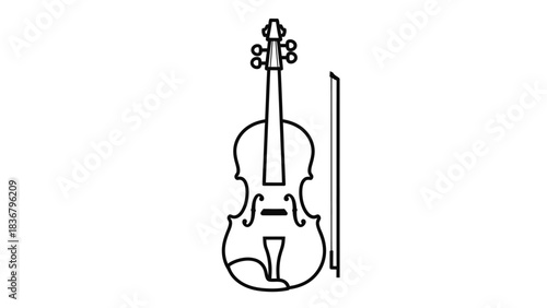 Elegant Line Art Drawing of a Violin and Bow. Simple Outline Vector Illustration of a Classical String Instrument