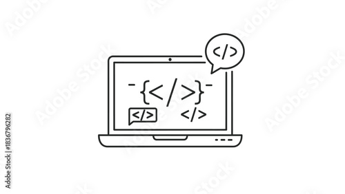 Programming and Web Development Line Icon. Laptop with Code Symbols for Software Engineering, Digital Technology, and App Creation.