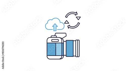 Digital camera with cloud upload and data synchronization icons. Photography workflow, online storage, and file sharing concept.