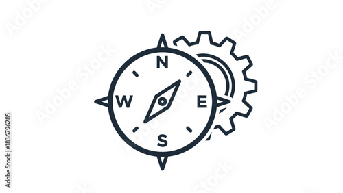 Line icon of a compass and gear, symbolizing strategic direction, navigation, optimization, process, and problem-solving.