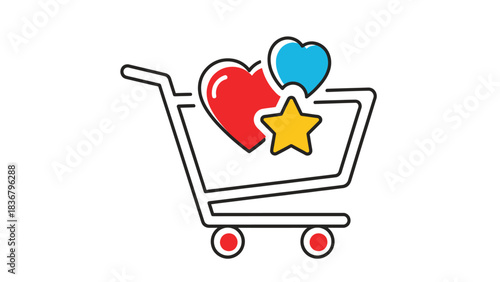 Shopping Cart with Hearts and Star Icon for Wishlist, Favorite, and Rating. E-commerce, Online Shopping, Customer Loyalty Vector.