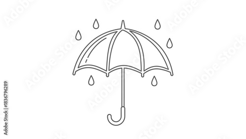 Outline drawing of an open umbrella with falling raindrops, a simple black and white weather protection symbol icon