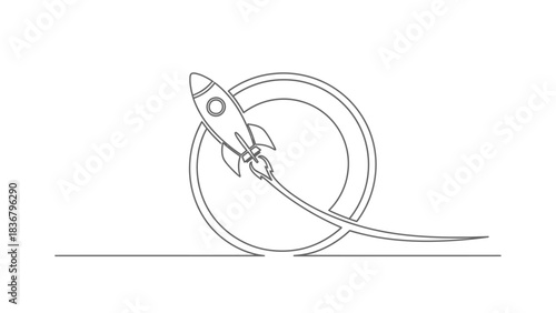 Continuous line drawing of a rocket launching from a circular path, symbolizing startup, innovation, speed, progress, and success