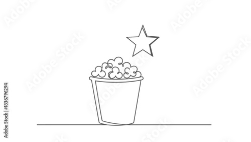 Minimalist continuous line drawing of a popcorn bucket with a star, symbolizing cinema, film, entertainment, snacks, and top rating.