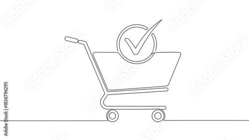 Continuous one line drawing of a shopping cart with a checkmark, symbolizing successful online purchase, order completion, or confirmation.