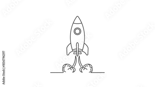Continuous line drawing of a rocket taking off with smoke, symbolizing startup launch, innovation, and technological progress.