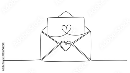 Elegant continuous one line drawing of an open envelope with a love letter and heart, symbolizing romantic message and connection.