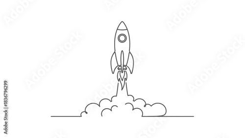 Minimalist continuous one line drawing of a rocket taking off with smoke, symbolizing startup, innovation, success, and business growth.