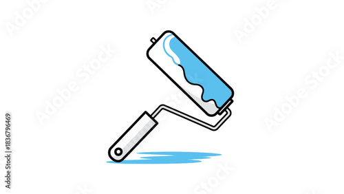 Blue paint roller with wet paint, ready for home improvement or renovation projects. Vector icon illustration on white background.