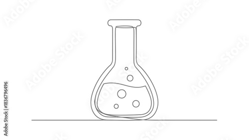 Continuous line drawing of a scientific lab flask with bubbling liquid. Minimalist chemical experiment illustration.
