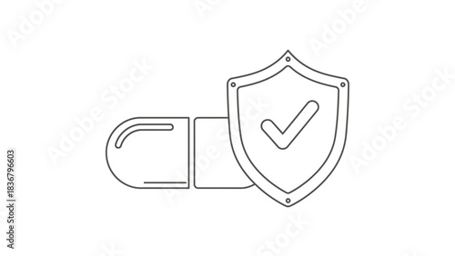 Health safety concept: pharmaceutical capsule with a protective shield and checkmark, representing approved medication and quality.