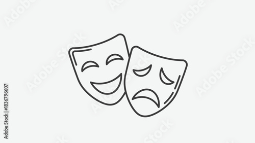 Happy and Sad Theatre Masks Icon, Comedy and Tragedy Symbol, Theatrical Emotions Line Art Vector Illustration
