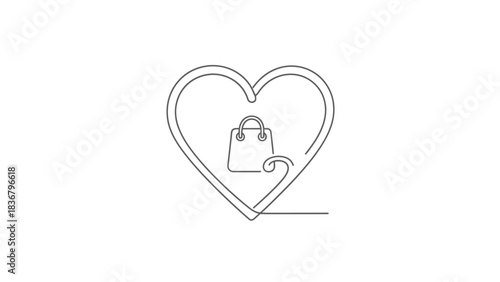 Continuous Line Drawing: Heart with Shopping Bag Icon. E-commerce, Favorite Shop, Wishlist, Customer Loyalty Concept