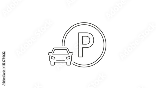 Simple outline vector icon depicting a car and a parking P sign, representing a parking lot or garage location.