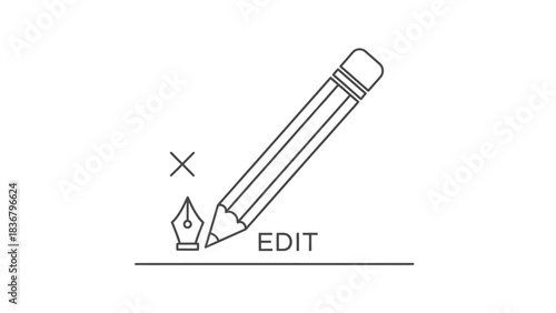 Pencil editing text on a line with a pen tool crossed out. Outline icon for writing, correction, and creative process.