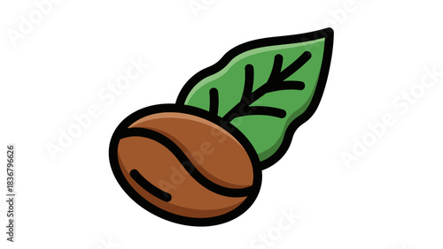Single Coffee Bean and Green Leaf Icon. Fresh Natural Organic Caffeine Beverage Ingredient Element. Isolated Flat Design Illustration.