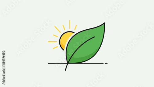 Green Leaf and Sun Vector Icon for Nature, Growth, Sustainability, and Eco-Friendly Concepts. Flat Line Art Illustration.