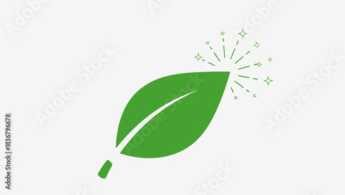 Vibrant green leaf icon with glowing sparkles, symbolizing nature, growth, freshness, health, and eco-friendly sustainability.