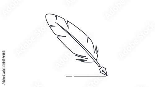 Elegant quill pen writing line art illustration. Minimalist icon representing literature, history, education, and creative writing.