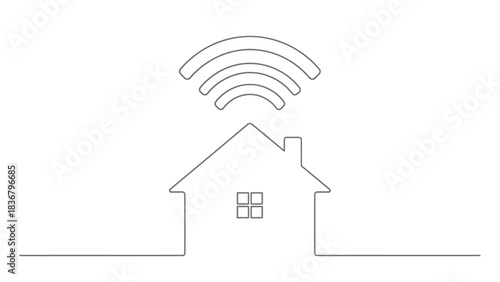 Continuous line drawing of a house with Wi-Fi signals, representing smart home connectivity, digital network, and internet of things.