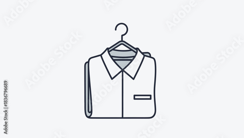 Line art icon of a neatly folded dress shirt on a hanger, representing laundry service, dry cleaning, apparel, or clothing retail.