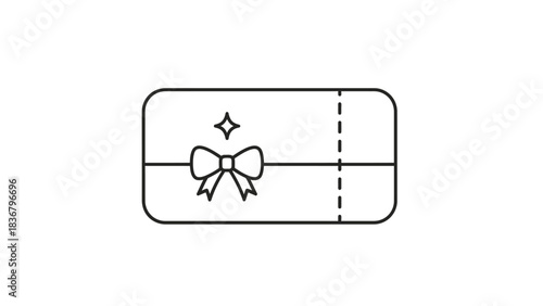 Gift card or discount voucher line icon with bow and sparkle. Minimalist coupon certificate symbol for online shopping and rewards.