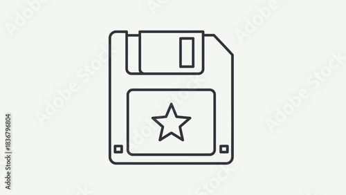Line art icon of a vintage floppy disk with a star, representing saving favorite data or an important digital file. Old technology symbol.