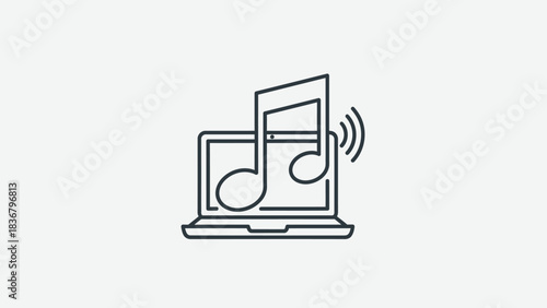 Digital music streaming on laptop icon. Online audio player symbol, modern sound technology concept. Outline graphic for media, entertainment, and multimedia.